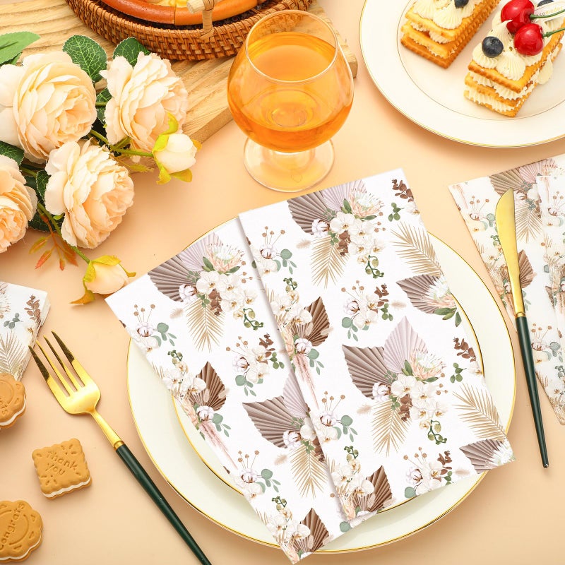 Engrowtic 100 Pcs Boho Leaves Guest Napkins Tan Leaf With Floral Decor Disposable Paper Elegant Dinner Hand Napkins For Birthday Party Bathroom Wedding Holiday Graduation Bridal Baby Shower - Image 2