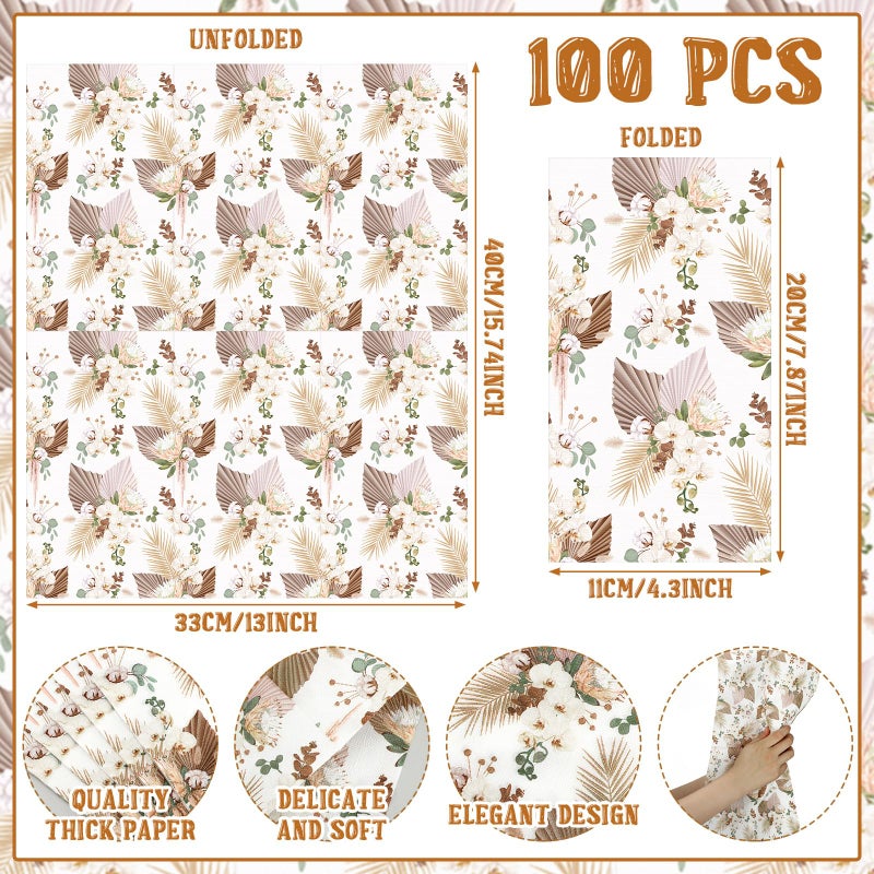 Engrowtic 100 Pcs Boho Leaves Guest Napkins Tan Leaf With Floral Decor Disposable Paper Elegant Dinner Hand Napkins For Birthday Party Bathroom Wedding Holiday Graduation Bridal Baby Shower - Image 3