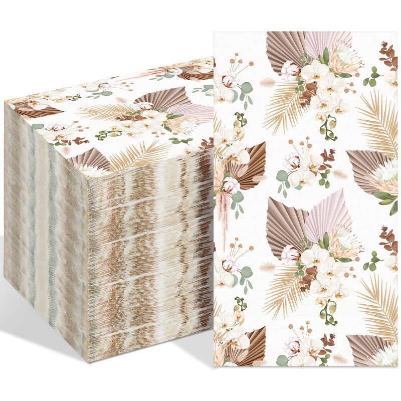 Engrowtic 100 Pcs Boho Leaves Guest Napkins Tan Leaf With Floral Decor Disposable Paper Elegant Dinner Hand Napkins For Birthday Party Bathroom Wedding Holiday Graduation Bridal Baby Shower - Image 1
