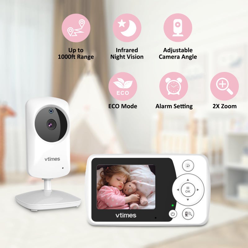 VTimes Baby Monitor with Camera and Audio, Video Baby Monitor No WiFi Night Vision 2.4" LCD Screen Portable Baby Camera Monitor Alarm Lullaby Temperature Sensor and 1000ft, Ideal for Baby/Elderly/Pet - Image 3
