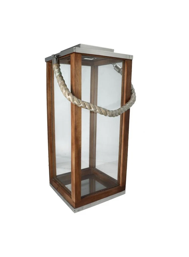 serene Elegant Modern Design Stainless Steel Wood and Glass Lantern with Rope Brown and Clear 71.2 x 33.5 x 33.7 cm 14100 M