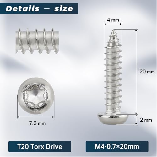 Glvaner 100-pack M4 x 20mm Button Torx Head Self Tapping Screws for Wood, 304 Stainless Steel 18-8, Full Thread, Torx Drive Head Sheet Metal Tek Screws, T20 Bit Included - Image 2