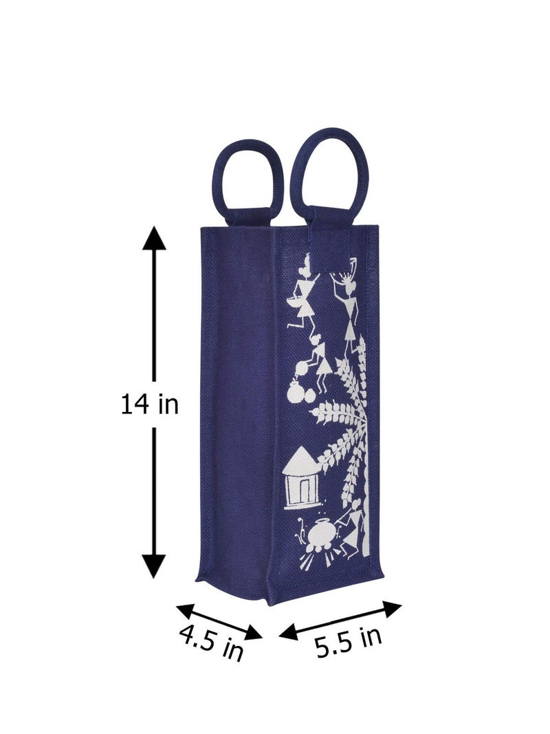 Jute Cottage Eco-Friendly Warli Print Water Bottle Bag for Men & Women | 14x5x4.5 in Blue Jute | Handcrafted Sustainable Carry Tote for Office, Travel, Daily Use - Image 5