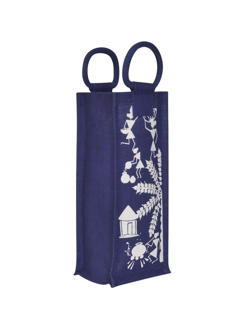 Jute Cottage Eco-Friendly Warli Print Water Bottle Bag for Men & Women | 14x5x4.5 in Blue Jute | Handcrafted Sustainable Carry Tote for Office, Travel, Daily Use - Image 1