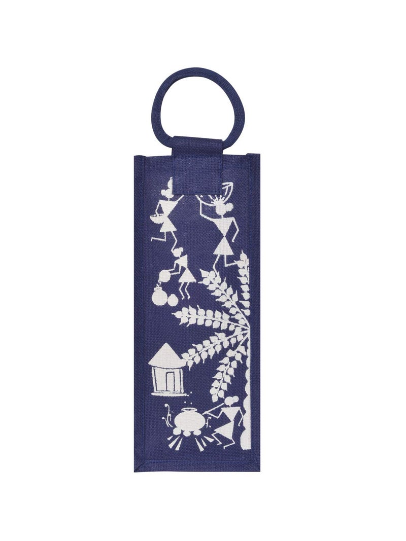 Jute Cottage Eco-Friendly Warli Print Water Bottle Bag for Men & Women | 14x5x4.5 in Blue Jute | Handcrafted Sustainable Carry Tote for Office, Travel, Daily Use - Image 2