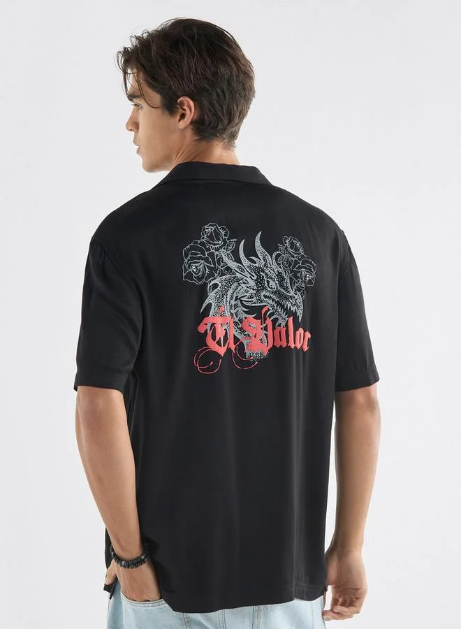 Splash FAV Relaxed Fit Dragon Print Shirt with Camp Collar and Short Sleeves