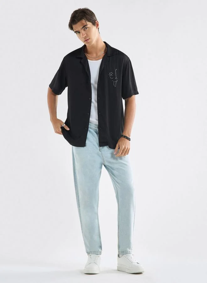 Splash FAV Relaxed Fit Dragon Print Shirt with Camp Collar and Short Sleeves