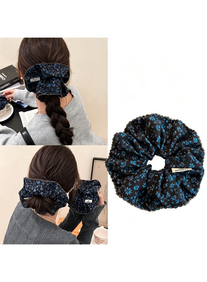 French Oversized Ruffled Scrunchies, Ice Blue Tiny Floral Print, 2 Pack - Image 2