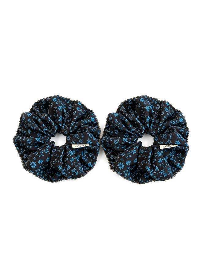 French Oversized Ruffled Scrunchies, Ice Blue Tiny Floral Print, 2 Pack - Image 1
