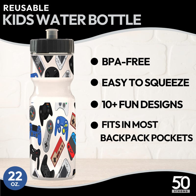Kids Sports Squeeze Water Bottle 2 Pack - 22 oz. BPA Free Sport Bottle W/ Easy Open Push/Pull Cap - Durable Bottles Perfect for Boys & Girls  School & Sports - Made in USA (Video Games & Soccer)