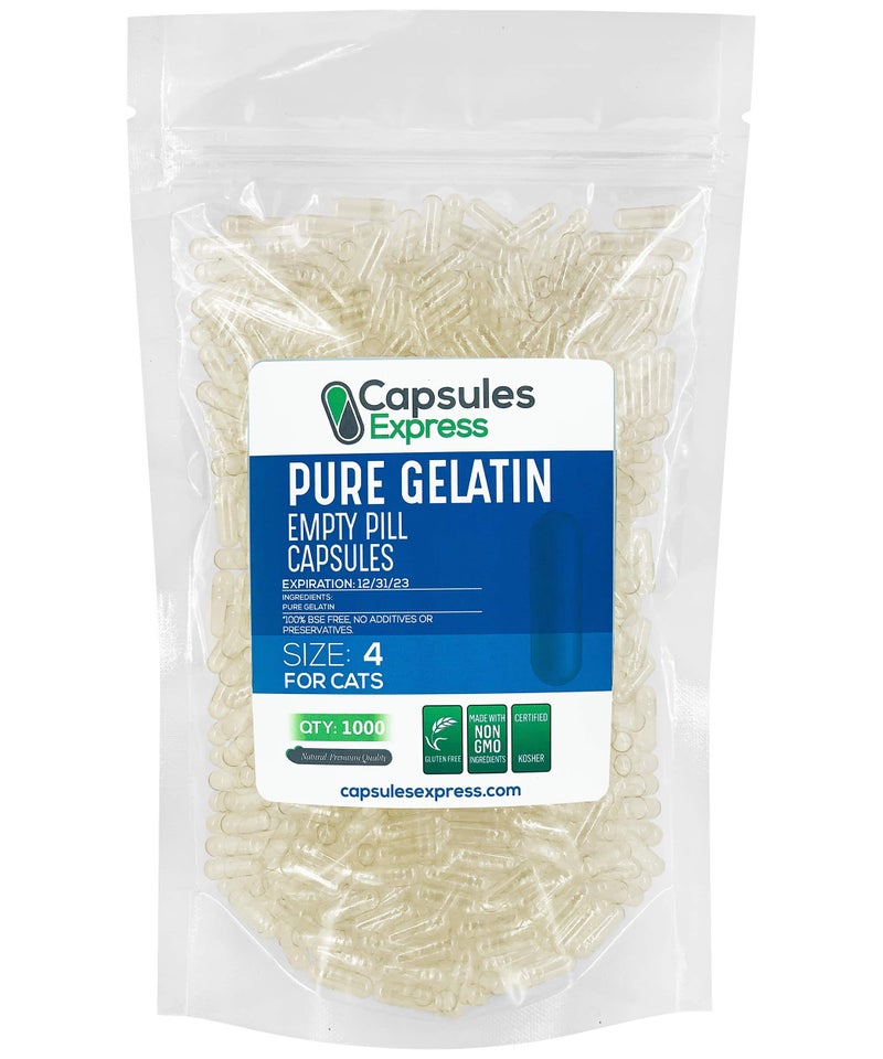 XPRS Nutra Size 4 Empty Capsules for Cats Clear Empty Gelatin Capsules Empty Pill Capsules for DIY Capsule Filling Fillable Pure Bovine Pill Capsules Empty Gel Caps 1000 Count