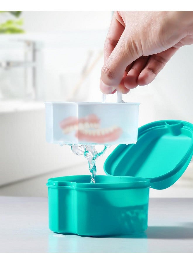 JMU 2pcs Denture Bath Case, Denture Cup for Soaking Dentures with Strainer Basket Tray for Dentures, Mouth Guard Storage Case (Navy Blue/Teal Blue) - Image 2