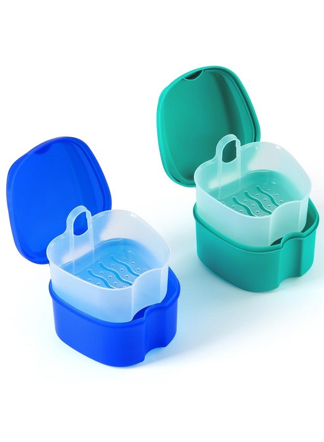 JMU 2pcs Denture Bath Case, Denture Cup for Soaking Dentures with Strainer Basket Tray for Dentures, Mouth Guard Storage Case (Navy Blue/Teal Blue) - Image 1