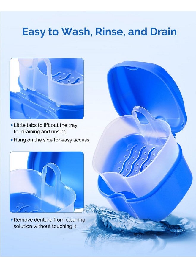 JMU 2pcs Denture Bath Case, Denture Cup for Soaking Dentures with Strainer Basket Tray for Dentures, Mouth Guard Storage Case (Navy Blue/Teal Blue) - Image 3