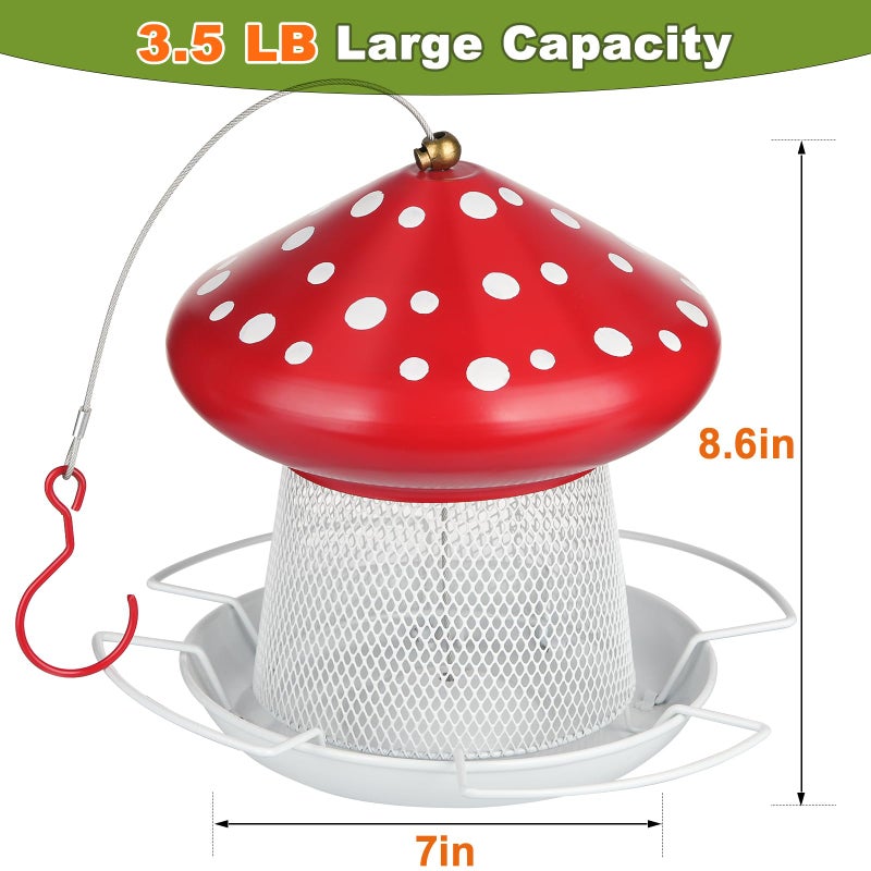 IWNTWY Bird Feeder, Heavy Duty Metal Bird Feeders for Outdoor Hanging, Cute Mushroom Shape 3.5 LB Large Capacity Wild Birdfeeder for Outside Garden Yard (Red) - Image 2