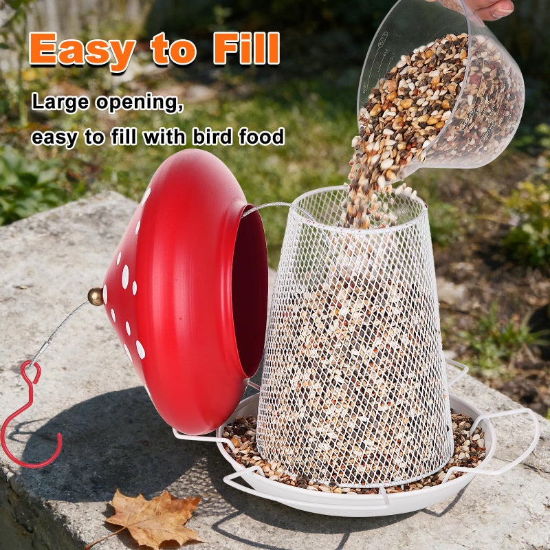 IWNTWY Bird Feeder, Heavy Duty Metal Bird Feeders for Outdoor Hanging, Cute Mushroom Shape 3.5 LB Large Capacity Wild Birdfeeder for Outside Garden Yard (Red) - Image 4