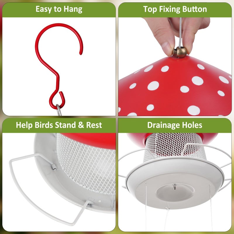 IWNTWY Bird Feeder, Heavy Duty Metal Bird Feeders for Outdoor Hanging, Cute Mushroom Shape 3.5 LB Large Capacity Wild Birdfeeder for Outside Garden Yard (Red) - Image 3