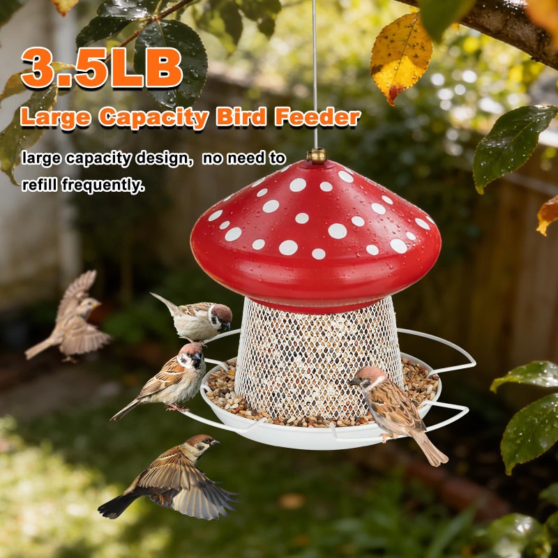 IWNTWY Bird Feeder, Heavy Duty Metal Bird Feeders for Outdoor Hanging, Cute Mushroom Shape 3.5 LB Large Capacity Wild Birdfeeder for Outside Garden Yard (Red) - Image 5