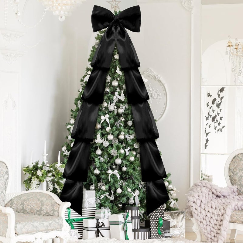 Knitgrip 118x28 Inch Extra Large Christmas Tree Topper Bow Christmas Giant Satin Bow Decoration with Long Streamers Huge Oversized Topper Decor for Xmas Tree Holiday Party Door Wall(Black,Satin) - Image 4