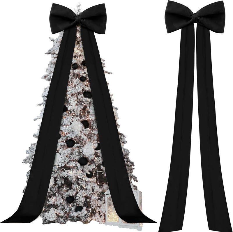 Knitgrip 118x28 Inch Extra Large Christmas Tree Topper Bow Christmas Giant Satin Bow Decoration with Long Streamers Huge Oversized Topper Decor for Xmas Tree Holiday Party Door Wall(Black,Satin) - Image 1