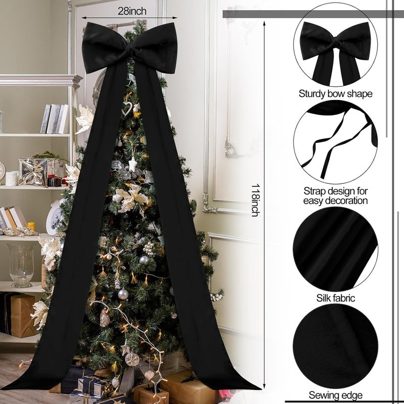 Knitgrip 118x28 Inch Extra Large Christmas Tree Topper Bow Christmas Giant Satin Bow Decoration with Long Streamers Huge Oversized Topper Decor for Xmas Tree Holiday Party Door Wall(Black,Satin) - Image 2