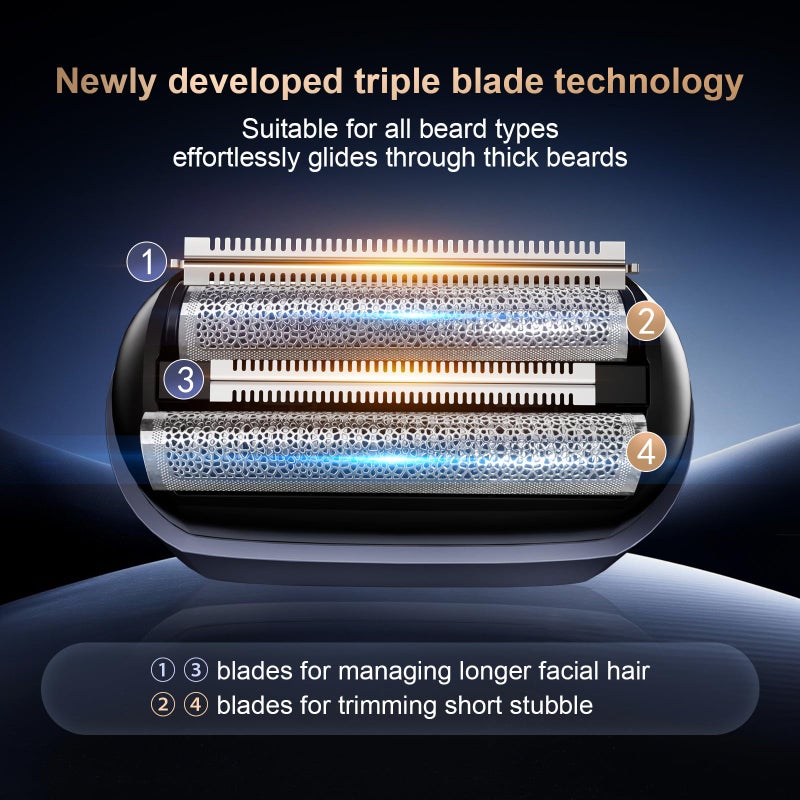 MuliVid Electric Foil Shaver for Men:Triple Floating Blade Electric Razor for Face & Beard - IPX7 Waterproof Cordless Shaver with LED Display, USB-C Fast Charge & Travel Lock - Home & Travel Grooming Kit - Image 3