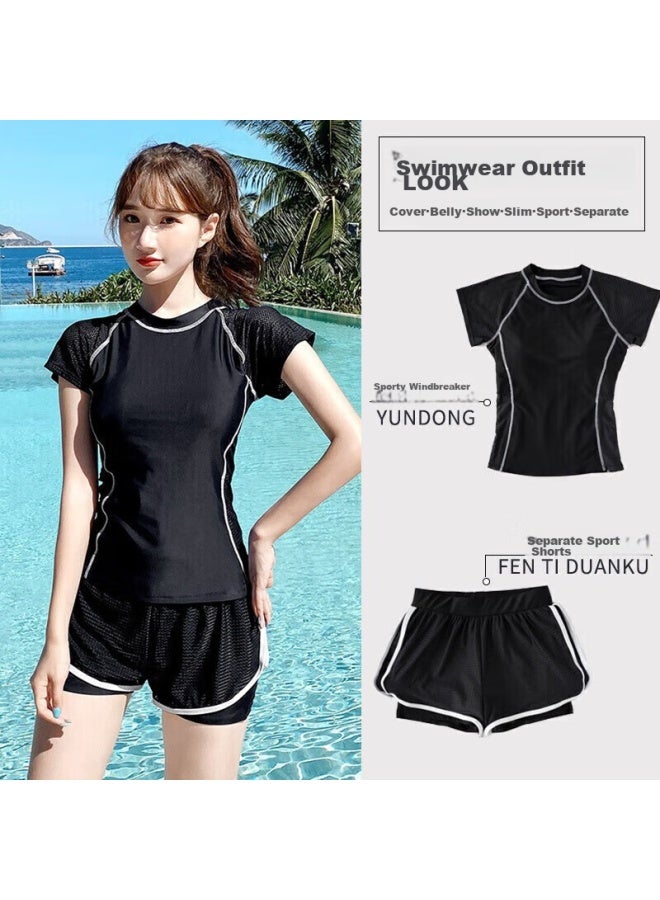 Yuke Women's Two-piece Swimsuit, Slimming Design, Black, Size L, Includes Swim Cap, Nose Clip, Ear Plugs, And Storage Bag - Image 1