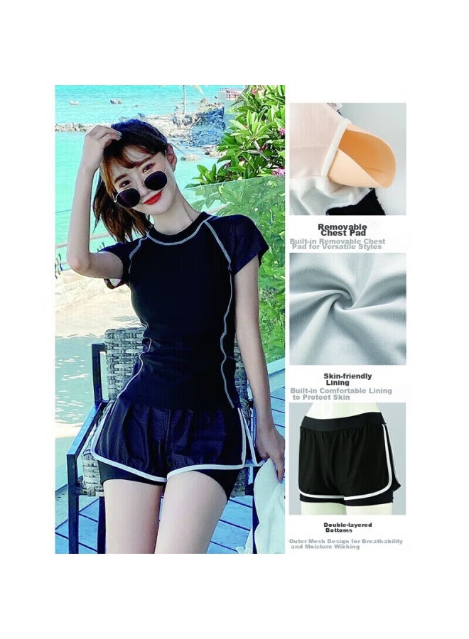 Yuke Women's Two-piece Swimsuit, Slimming Design, Black, Size L, Includes Swim Cap, Nose Clip, Ear Plugs, And Storage Bag - Image 2