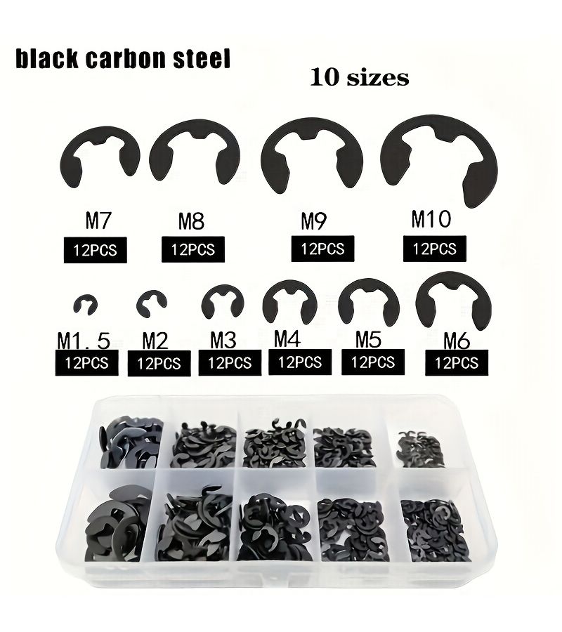 120 Pcs Carbon Steel E-Clip Retaining Ring Assortment Kit E Type Collars Precision Positioning Automotive Aerospace Machinery Manufacturing Engines Gearboxes Bearing Housings - Image 1