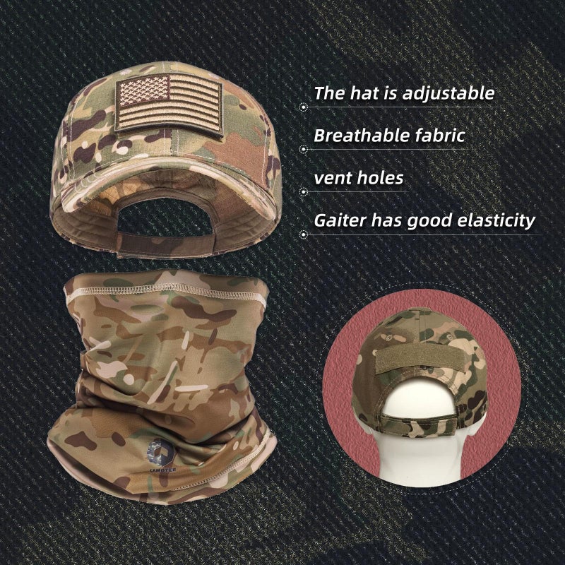 CAMOTER Camo Hat Baseball Cap Camo Face Mask Neck Gaiter with American Flag Patch for Men/Women Outdoors Tactical Military (US, Alpha, One Size, Camo CP All) - Image 2