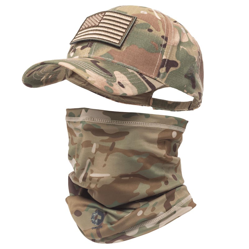 CAMOTER Camo Hat Baseball Cap Camo Face Mask Neck Gaiter with American Flag Patch for Men/Women Outdoors Tactical Military (US, Alpha, One Size, Camo CP All) - Image 1