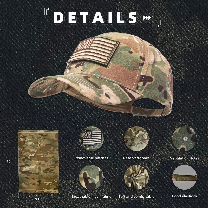 CAMOTER Camo Hat Baseball Cap Camo Face Mask Neck Gaiter with American Flag Patch for Men/Women Outdoors Tactical Military (US, Alpha, One Size, Camo CP All) - Image 3