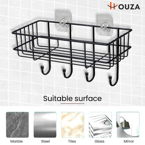 HOUZA Wall-Mounted Bathroom Rack – Self Adhesive Organizer, 𝐍𝐨 𝐃𝐫𝐢𝐥𝐥𝐢𝐧𝐠 𝐍𝐞𝐞𝐝𝐞𝐝 & Space-Saving with Lightweight, Effortless Setup (Pack of 1) - Image 4