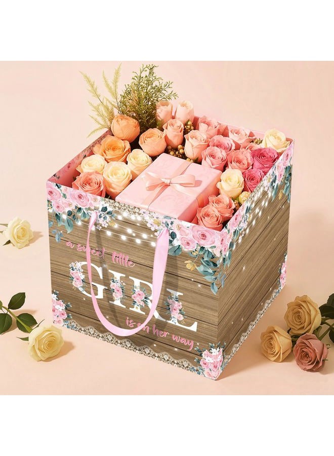 Woosytoo Extra Large Rustic Girl Gift Bag, Floral Sweet Baby Girl Square Gift Bag with Tissue Paper A Sweet Little Girl is on Her Way Wrapping Paper Bags for Baby Shower Gender Reveal Party Favors - Image 2