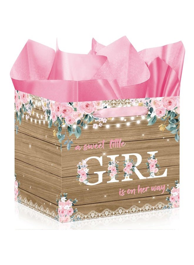 Woosytoo Extra Large Rustic Girl Gift Bag, Floral Sweet Baby Girl Square Gift Bag with Tissue Paper A Sweet Little Girl is on Her Way Wrapping Paper Bags for Baby Shower Gender Reveal Party Favors - Image 1