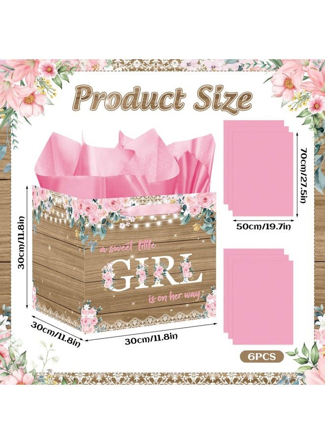 Woosytoo Extra Large Rustic Girl Gift Bag, Floral Sweet Baby Girl Square Gift Bag with Tissue Paper A Sweet Little Girl is on Her Way Wrapping Paper Bags for Baby Shower Gender Reveal Party Favors - Image 4