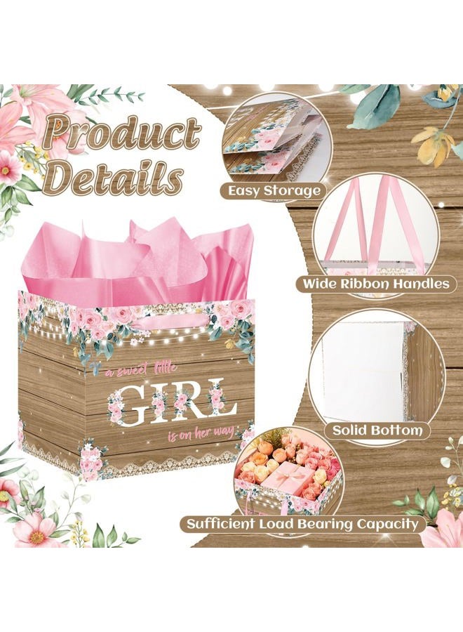 Woosytoo Extra Large Rustic Girl Gift Bag, Floral Sweet Baby Girl Square Gift Bag with Tissue Paper A Sweet Little Girl is on Her Way Wrapping Paper Bags for Baby Shower Gender Reveal Party Favors - Image 3