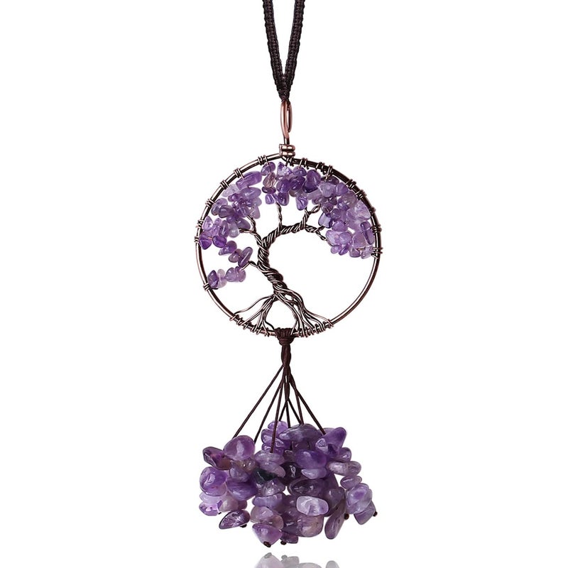 MAIBAOTA Crystal Hanging Ornament Round Amethyst Decor Tree of Life Spiritual Room Wall Decor Purple Cute Car Rear View Mirror Hanging Accessories for Women
