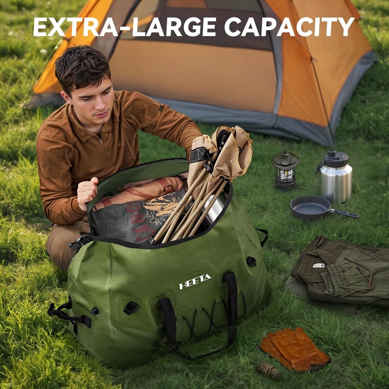 HEETA Waterproof Duffel Bag - 60L Extra Large Rolltop Travel Duffle for Kayaking, Rafting, and Camping (Green) - Image 2