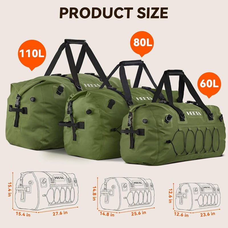 HEETA Waterproof Duffel Bag - 60L Extra Large Rolltop Travel Duffle for Kayaking, Rafting, and Camping (Green) - Image 5