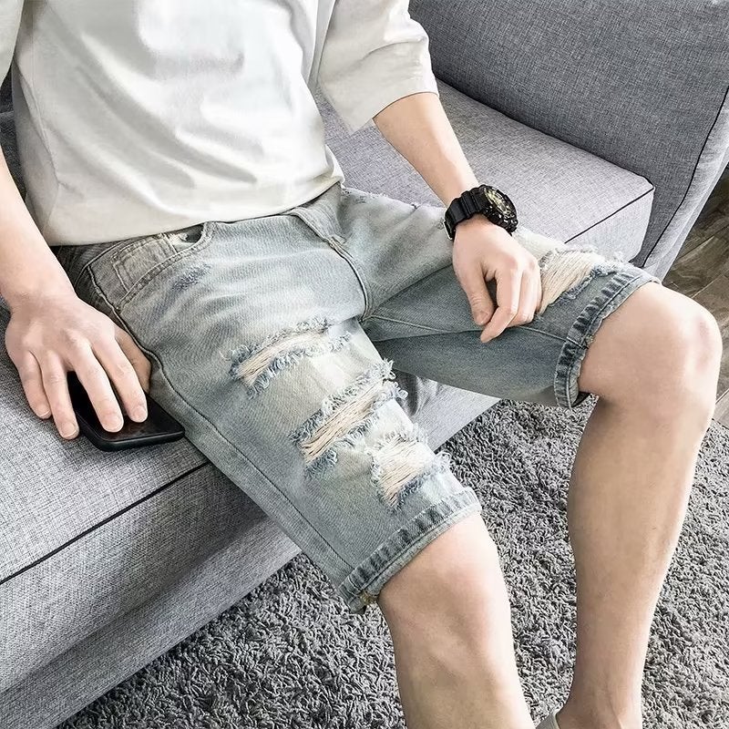 Denim Shorts Mens Summer High Street Fashion Brand 2024 New Casual Fashionable Five-point Pants Loose plus size Wide-leg Pants Blue 