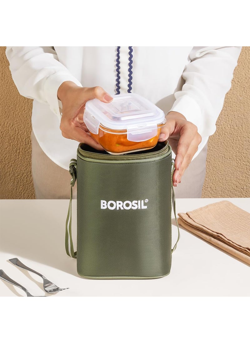 BOROSIL Borosil Eateasy Borosilicate Glass Lunchbox with Bag 3 pc Square Container Set 320 ml Each Microwave Dishwasher Safe Leakproof Tiffin for Office School College Transparent  - Image 3