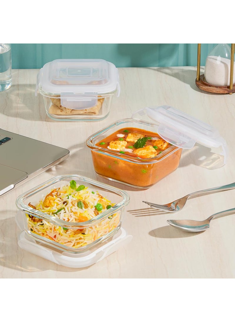 BOROSIL Borosil Eateasy Borosilicate Glass Lunchbox with Bag 3 pc Square Container Set 320 ml Each Microwave Dishwasher Safe Leakproof Tiffin for Office School College Transparent  - Image 4