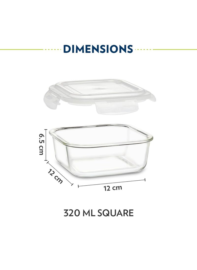 BOROSIL Borosil Eateasy Borosilicate Glass Lunchbox with Bag 3 pc Square Container Set 320 ml Each Microwave Dishwasher Safe Leakproof Tiffin for Office School College Transparent  - Image 2