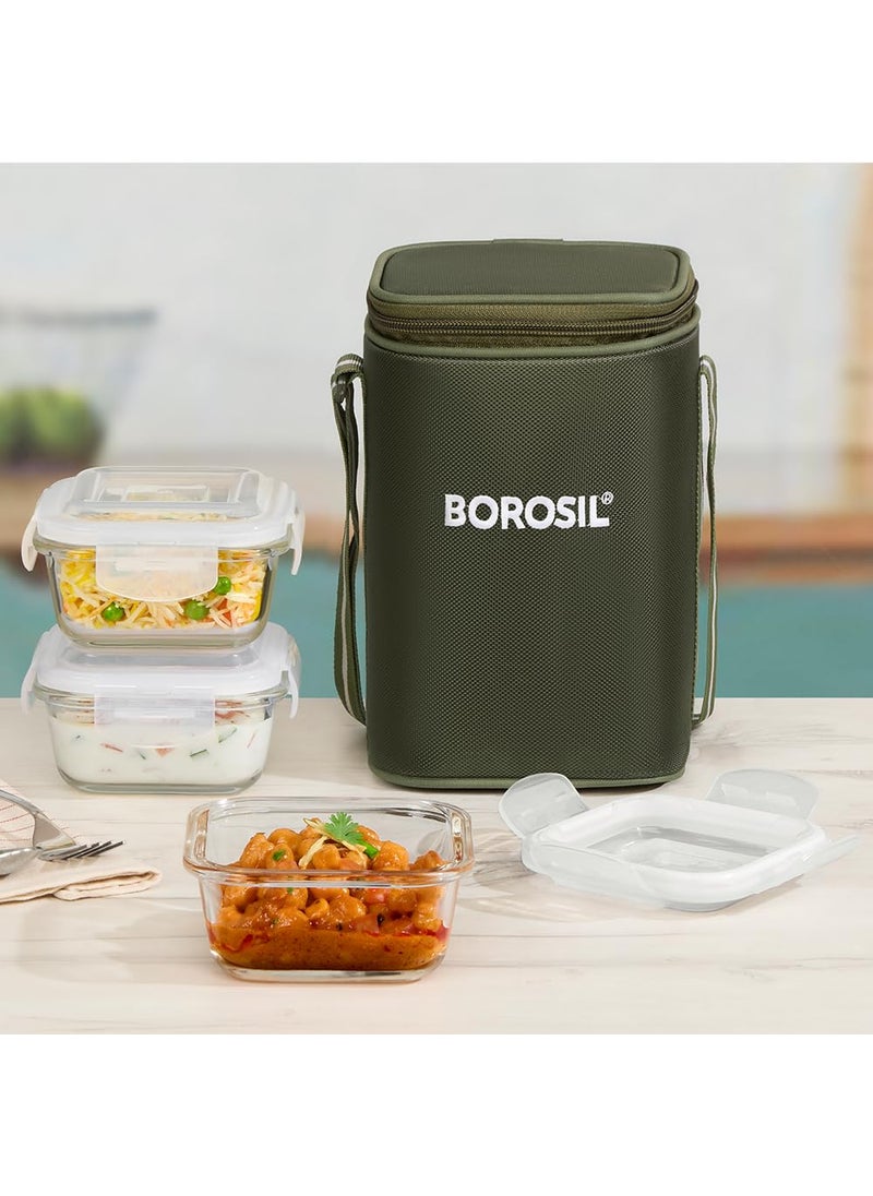 BOROSIL Borosil Eateasy Borosilicate Glass Lunchbox with Bag 3 pc Square Container Set 320 ml Each Microwave Dishwasher Safe Leakproof Tiffin for Office School College Transparent  - Image 1