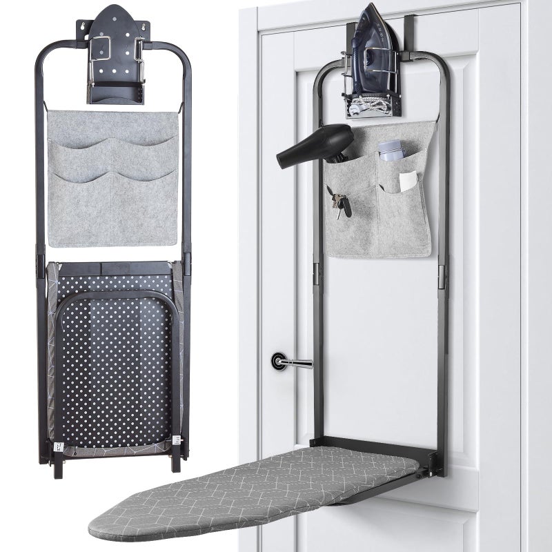 Seiritex Over The Door Ironing Board 14x42 inches with Iron Holder and Pocket Storage Bag, Hanging Iron Board for Home Laundry Room, Black - Image 1