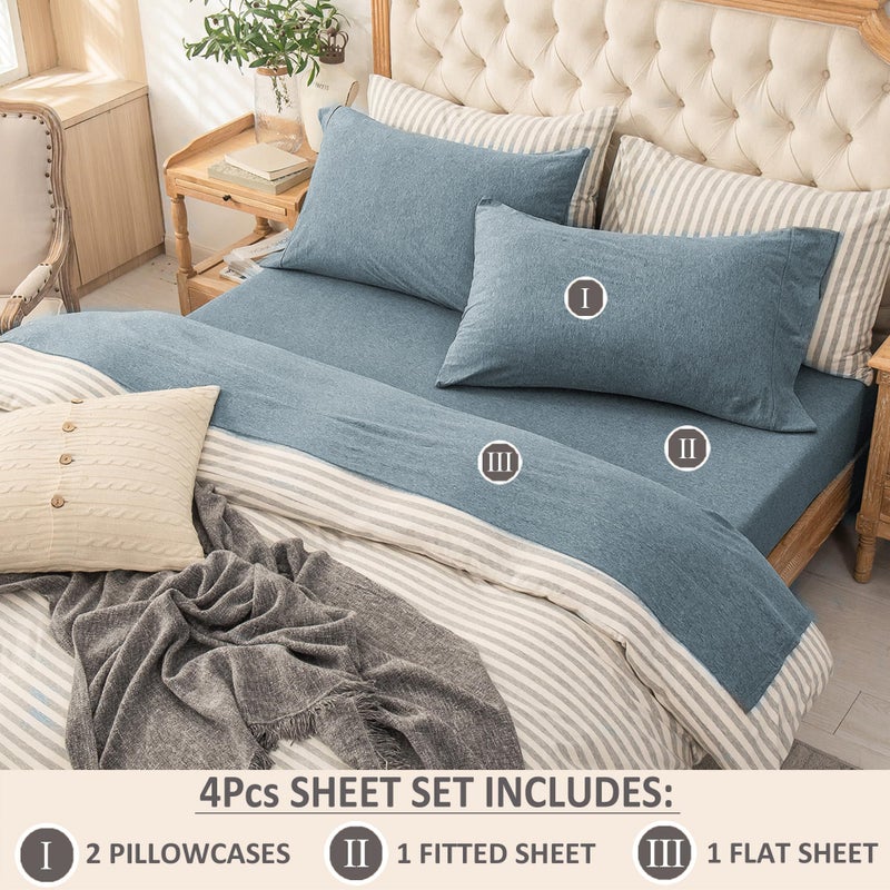 PURE ERA PURE ERA Jersey Knit 4pc Bed Sheet Set 100% T-Shirt Cotton Super Soft Comfy Breathable Fits Mattress Up to 20"" Extra Deep Pocket (Heather Blueish Grey  Queen)  - Image 2