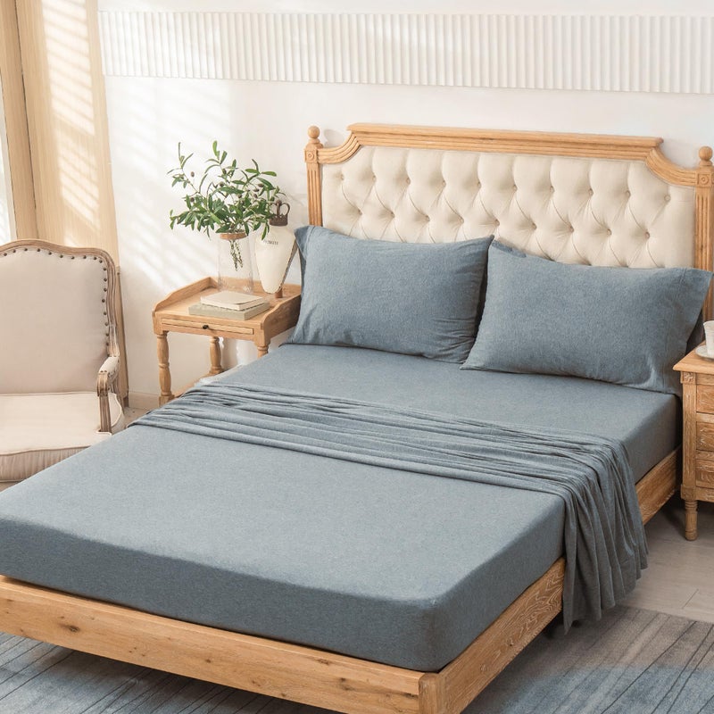 PURE ERA PURE ERA Jersey Knit 4pc Bed Sheet Set 100% T-Shirt Cotton Super Soft Comfy Breathable Fits Mattress Up to 20"" Extra Deep Pocket (Heather Blueish Grey  Queen)  - Image 5