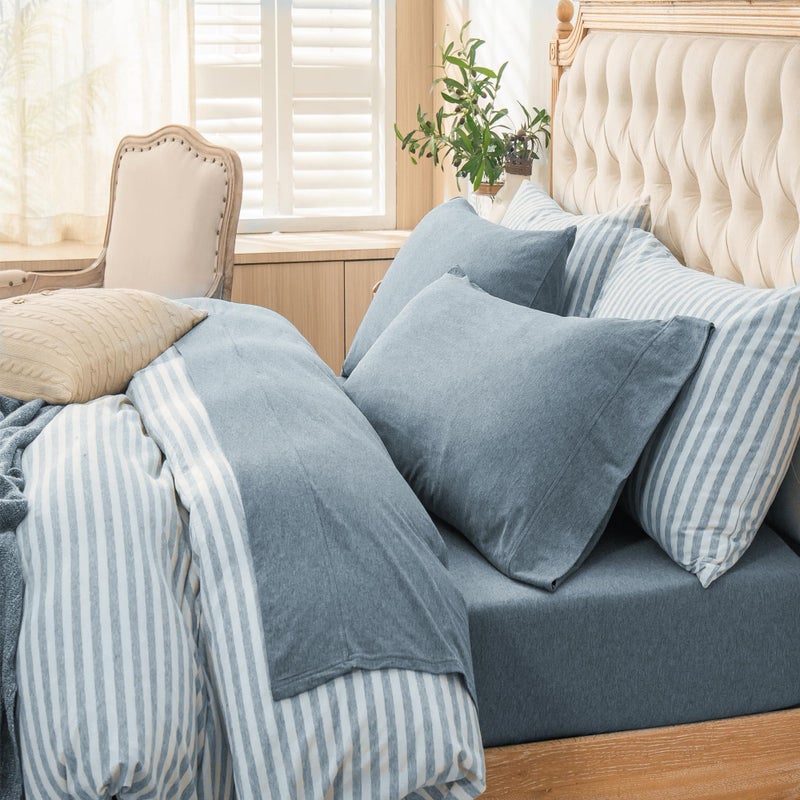 PURE ERA PURE ERA Jersey Knit 4pc Bed Sheet Set 100% T-Shirt Cotton Super Soft Comfy Breathable Fits Mattress Up to 20"" Extra Deep Pocket (Heather Blueish Grey  Queen)  - Image 1