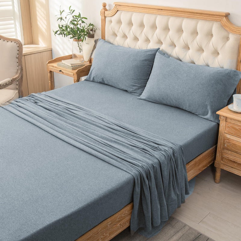 PURE ERA PURE ERA Jersey Knit 4pc Bed Sheet Set 100% T-Shirt Cotton Super Soft Comfy Breathable Fits Mattress Up to 20"" Extra Deep Pocket (Heather Blueish Grey  Queen)  - Image 4